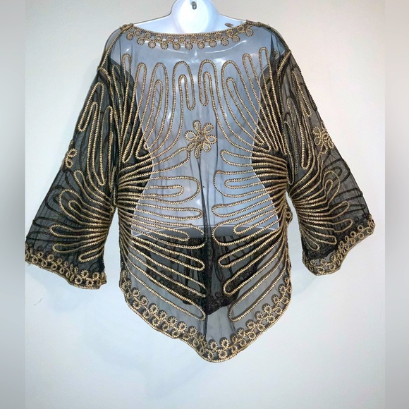 Gorgeous Vintage Black & Gold Embroidered Sheer Retro Poncho OS - Picture 11 of 11